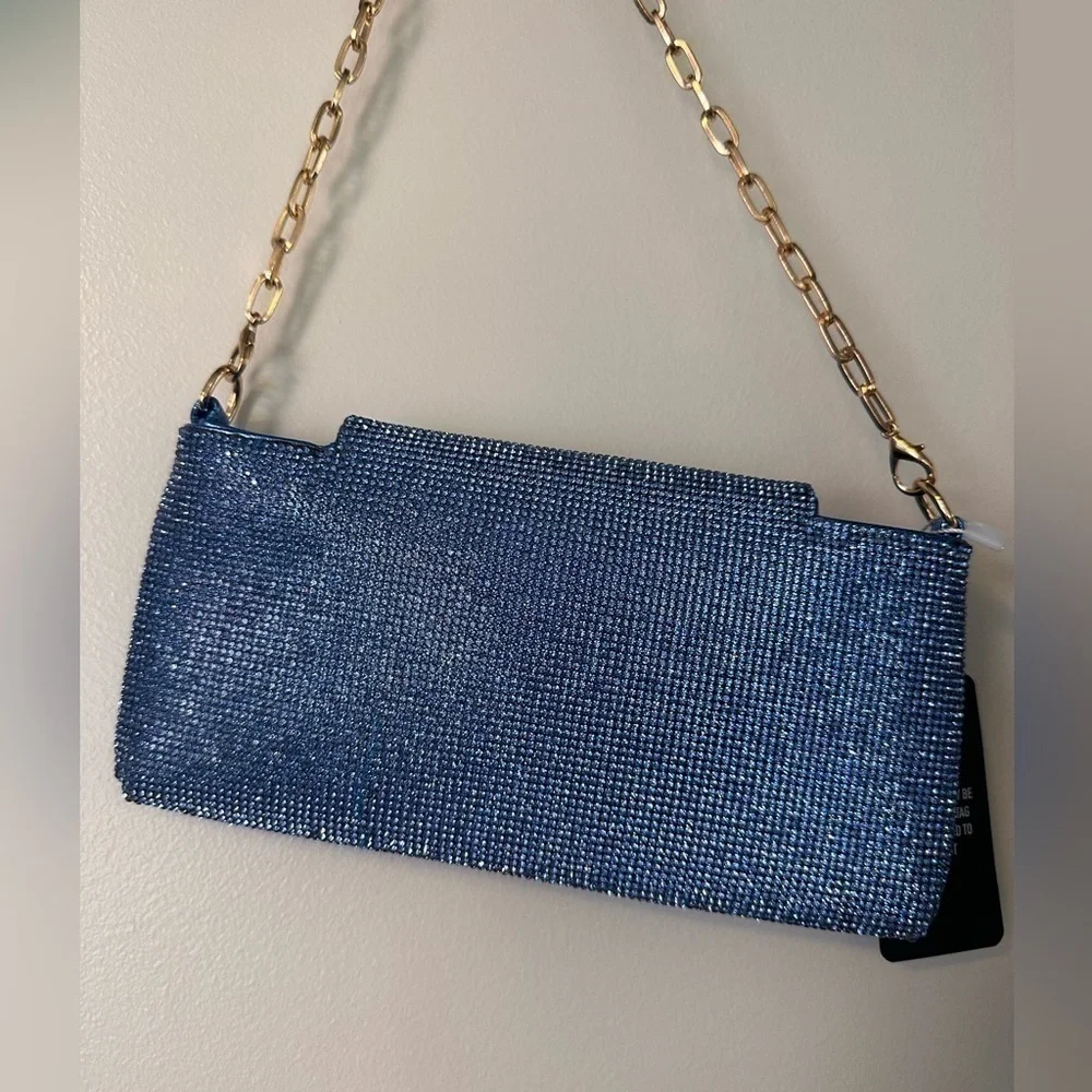 NWT BOXING CHAIN STRAP DETAIL RECTANGLE SHAPED SHOULDER BAG IN BLUE DIAMANTE